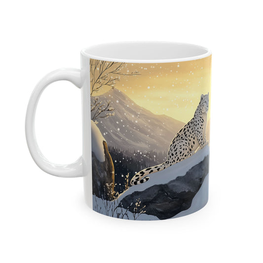 Snow Leopard and squirrel in Winter Haven Ceramic Mug