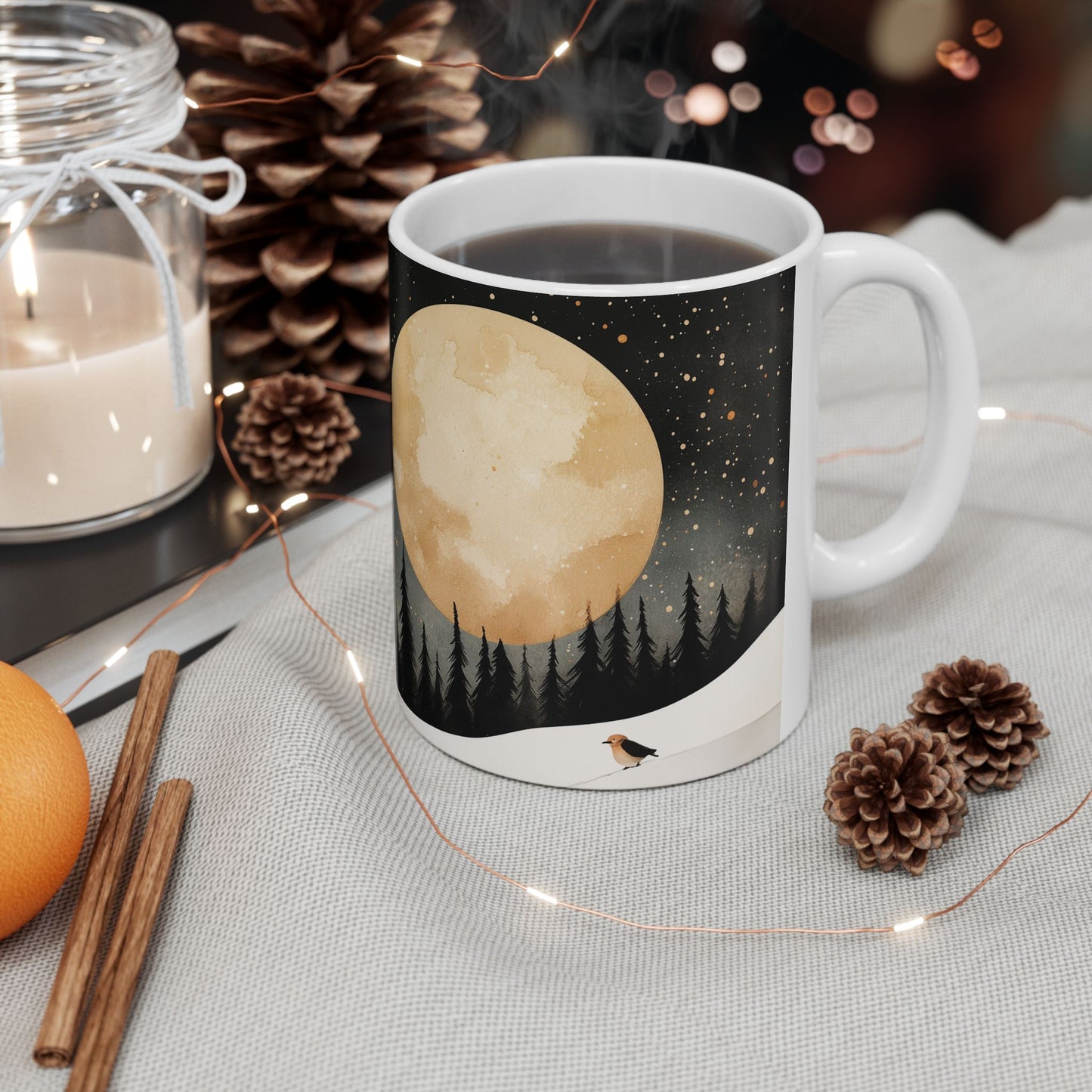 Snowy Owl Moonlit Night Nature-inspired Ceramic Mug - Mockup